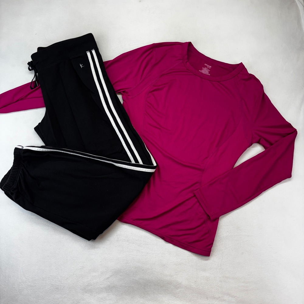 Danskin Now Activewear Set Women Large Magenta Top Black Striped Pants 2pc